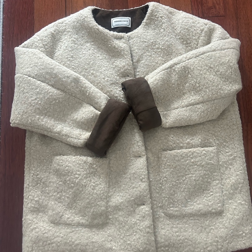 Cream Teddy Jacket with Brown Accents